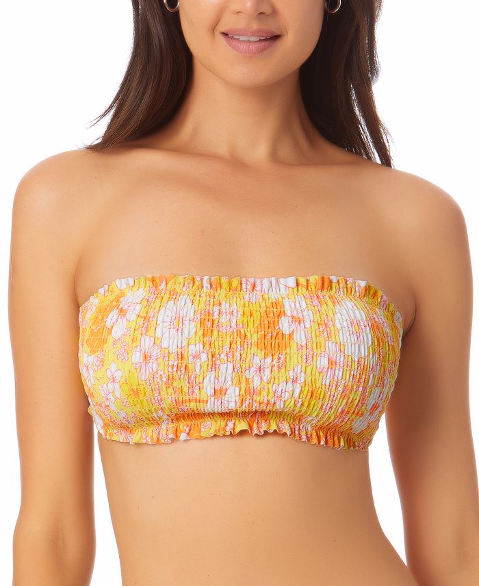 Biquíni feminino California Waves com estampa Smocked Bandeau, amarelo, tamanho X-S