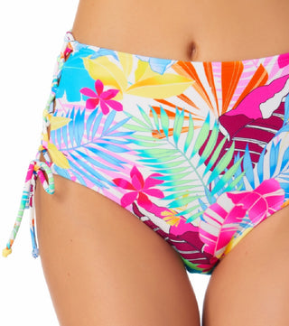 Calcinha de biquíni feminina California Waves com estampa de amarrar e cintura alta, tamanho médio, branca