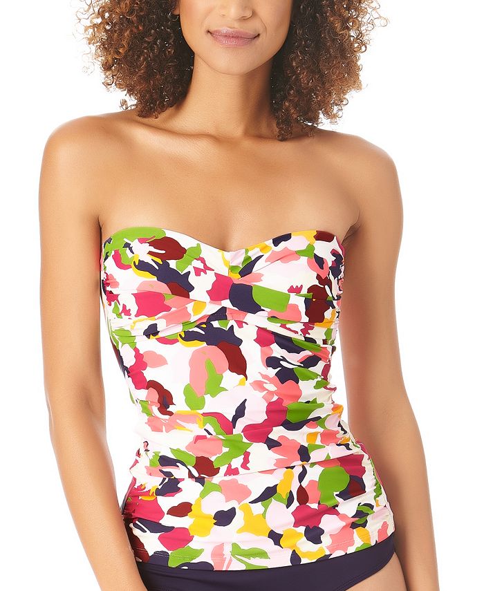 Anne Cole Tankini feminino camuflado com estampa de pétalas torcidas na frente e franzido, maiô multicolorido
