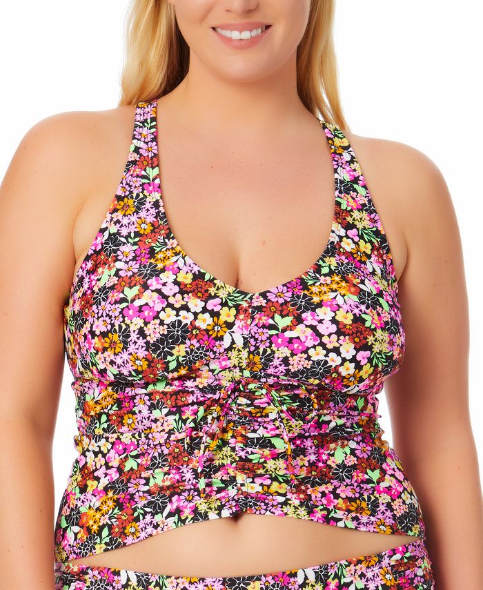 Maiô feminino California Waves com estampa floral e cordão, preto