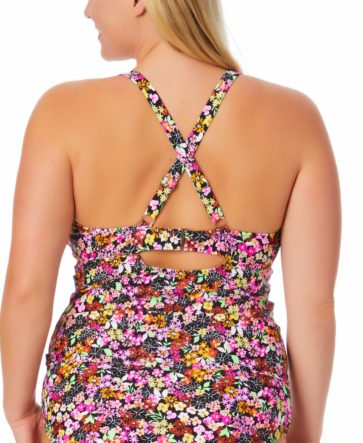 Maiô feminino California Waves com estampa floral e cordão, preto