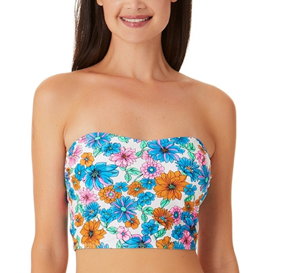 California Waves Feminino Papel de Parede Floral Long Line Bandeau Top Maiô Azul