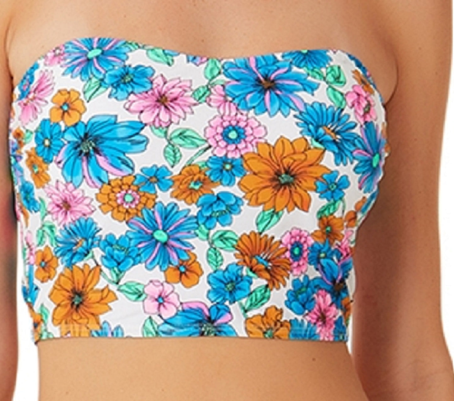 California Waves Feminino Papel de Parede Floral Long Line Bandeau Top Maiô Azul