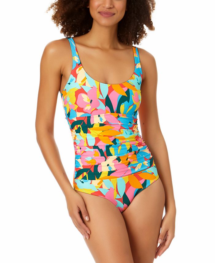 Maiô feminino Anne Cole com estampa de plumeria, decote redondo e franzido, azul, tamanho 6
