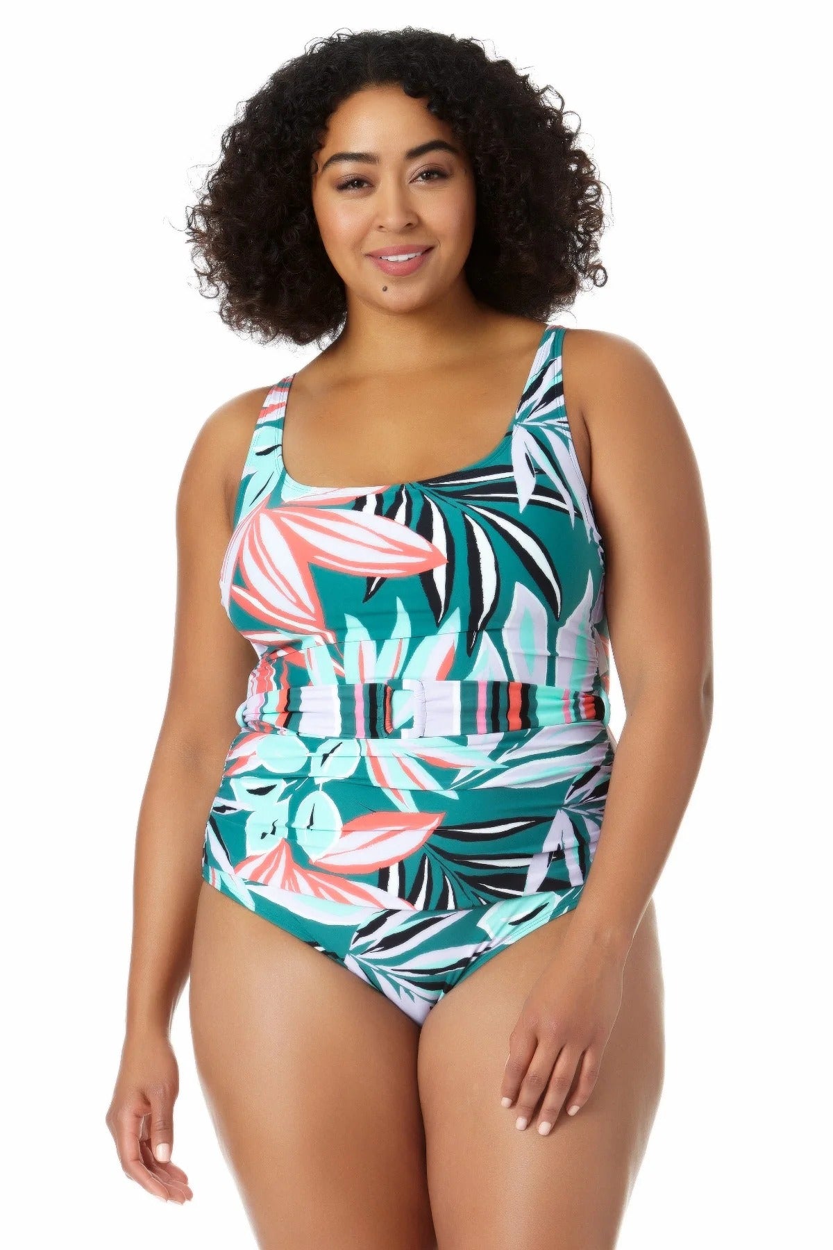 Anne Cole Plus Zesty Tropical Feminino com Cinto e Decote Redondo, Maiô Branco Tamanho 20W