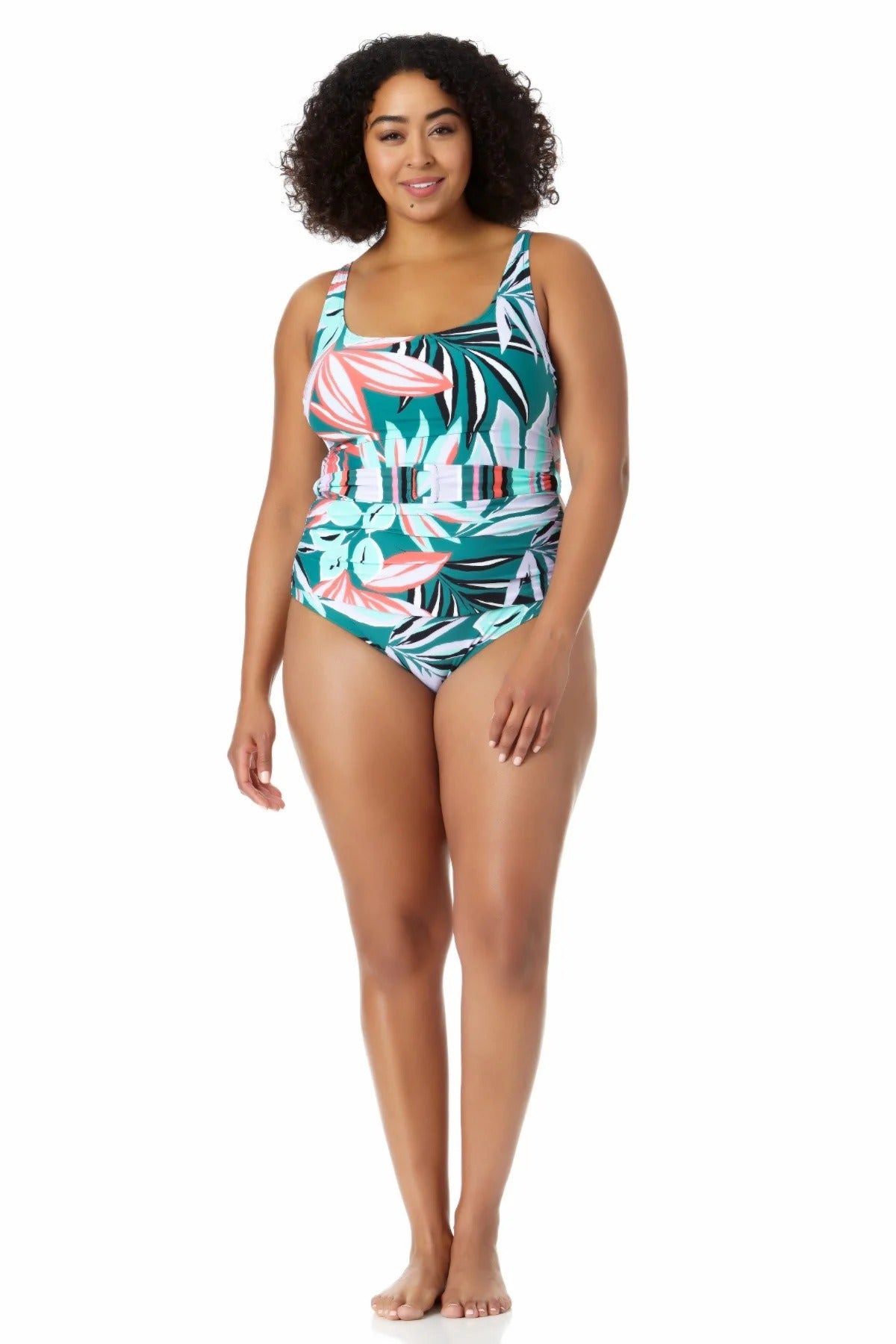 Anne Cole Plus Zesty Tropical Feminino com Cinto e Decote Redondo, Maiô Branco Tamanho 20W