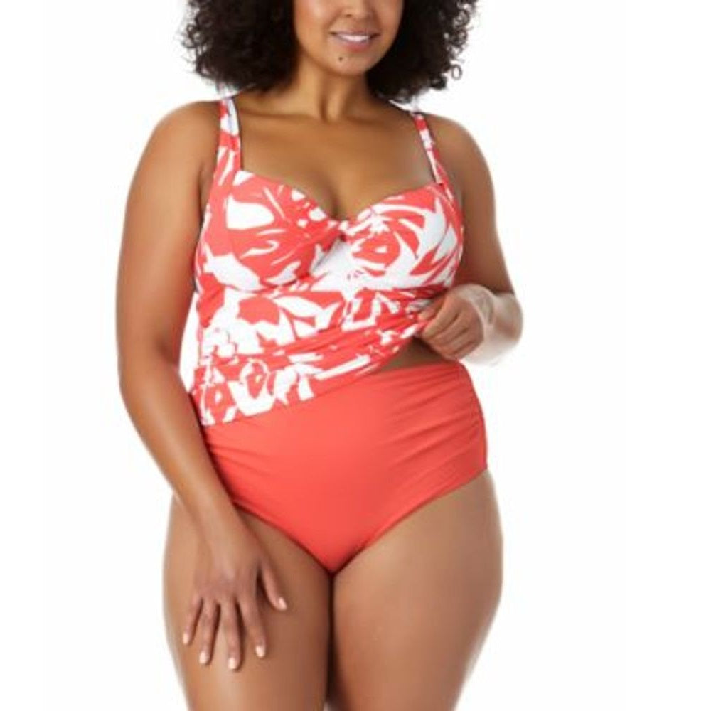 Anne Cole Top Tankini Feminino com Estampa de Palmeira Costeira e Aro Torcido Laranja