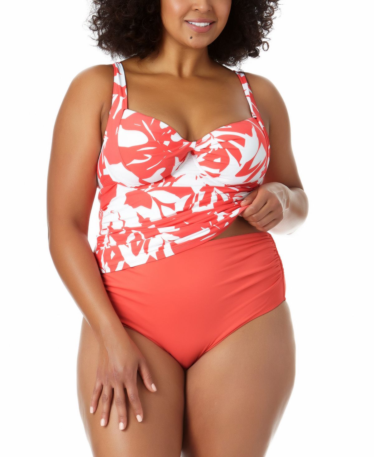 Anne Cole Top Tankini Feminino com Estampa de Palmeira Costeira e Aro Torcido Laranja