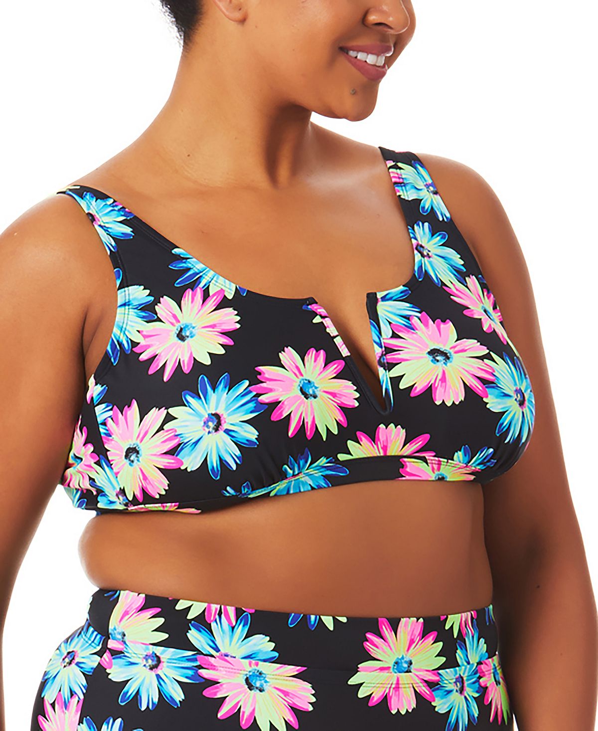 Biquíni feminino California Waves Gerber Daisy Bralette, preto, tamanho 1X