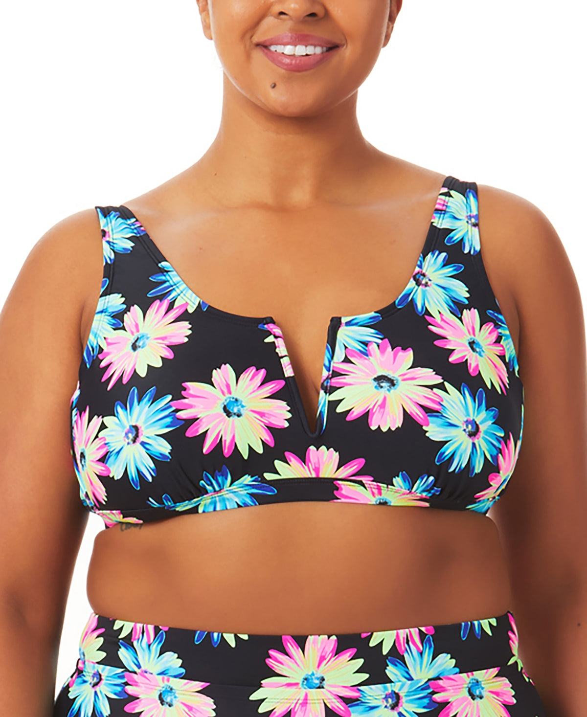 Biquíni feminino California Waves Gerber Daisy Bralette, preto, tamanho 1X