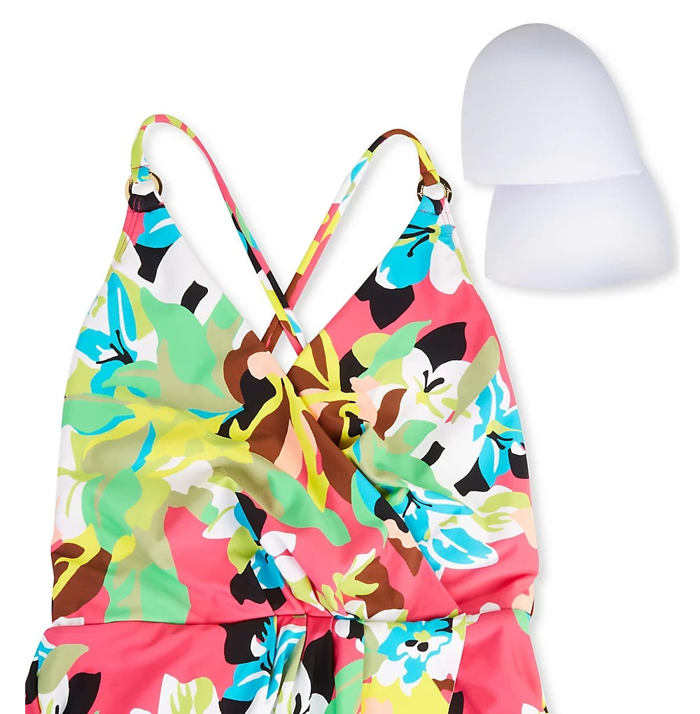 Vestido de banho feminino Anne Cole com estampa frontal sobrepeliz e maiô rosa
