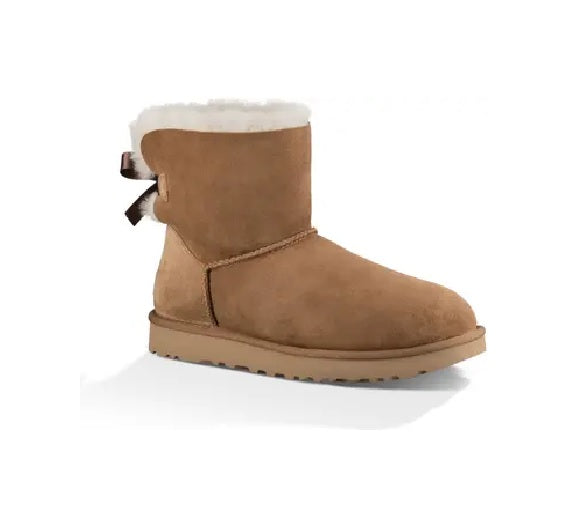 Bota UGG Mini Bailey Bow Embelezada com Pele de Carneiro Genuína Marrom Tamanho 10