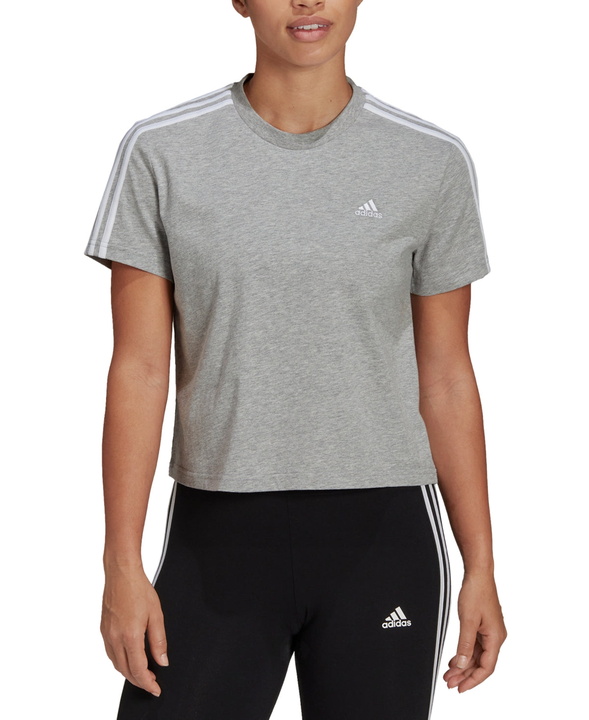 Camiseta feminina adidas cropped de algodão com 3 listras cinza tamanho grande