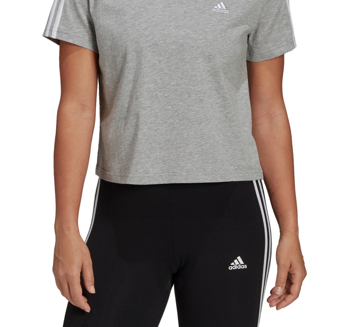 Camiseta feminina adidas cropped de algodão com 3 listras, cinza, tamanho pequeno