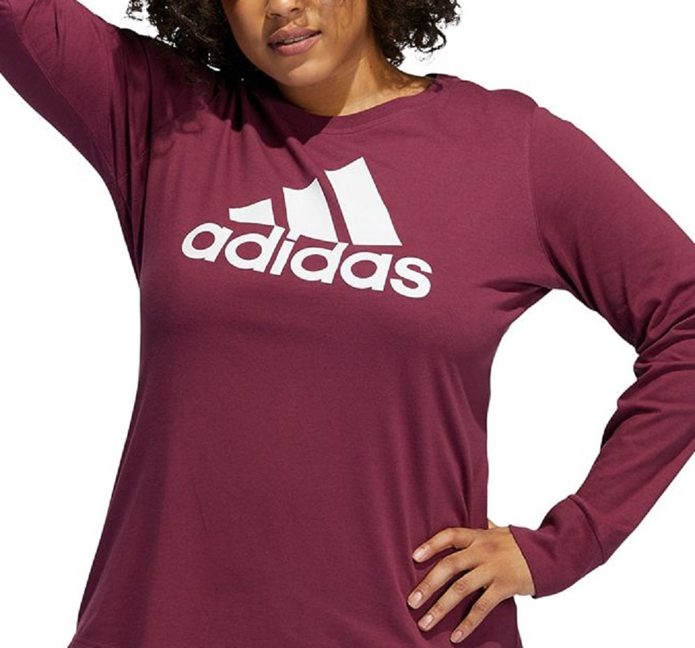 Blusa esportiva feminina adidas com estampa de logo canelado, manga comprida, gola redonda, vermelha, tamanho 1X
