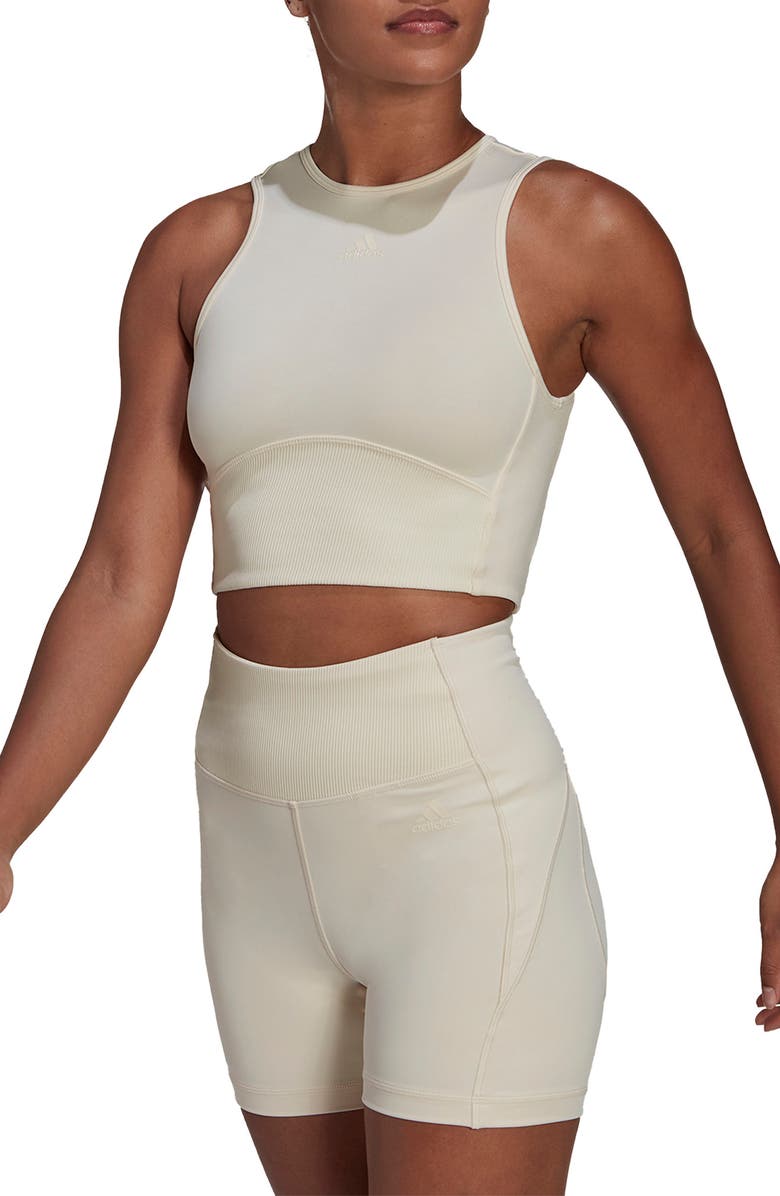 Blusa curta de treino Adidas Hyperglam Recycled Blend feminina, bege, tamanho pequeno