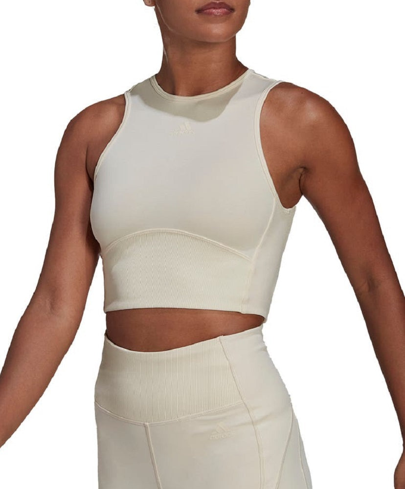 Blusa curta de treino Adidas Hyperglam Recycled Blend feminina, bege, tamanho pequeno