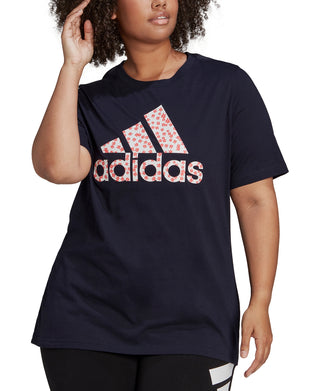 Camiseta feminina com estampa floral e logo da Adidas tamanho grande