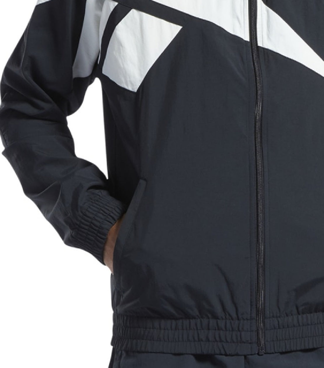 Jaqueta esportiva masculina Reebok Classics Vector Regular-Fit com logo e blocos de cores e zíper, preta, tamanho 2GG