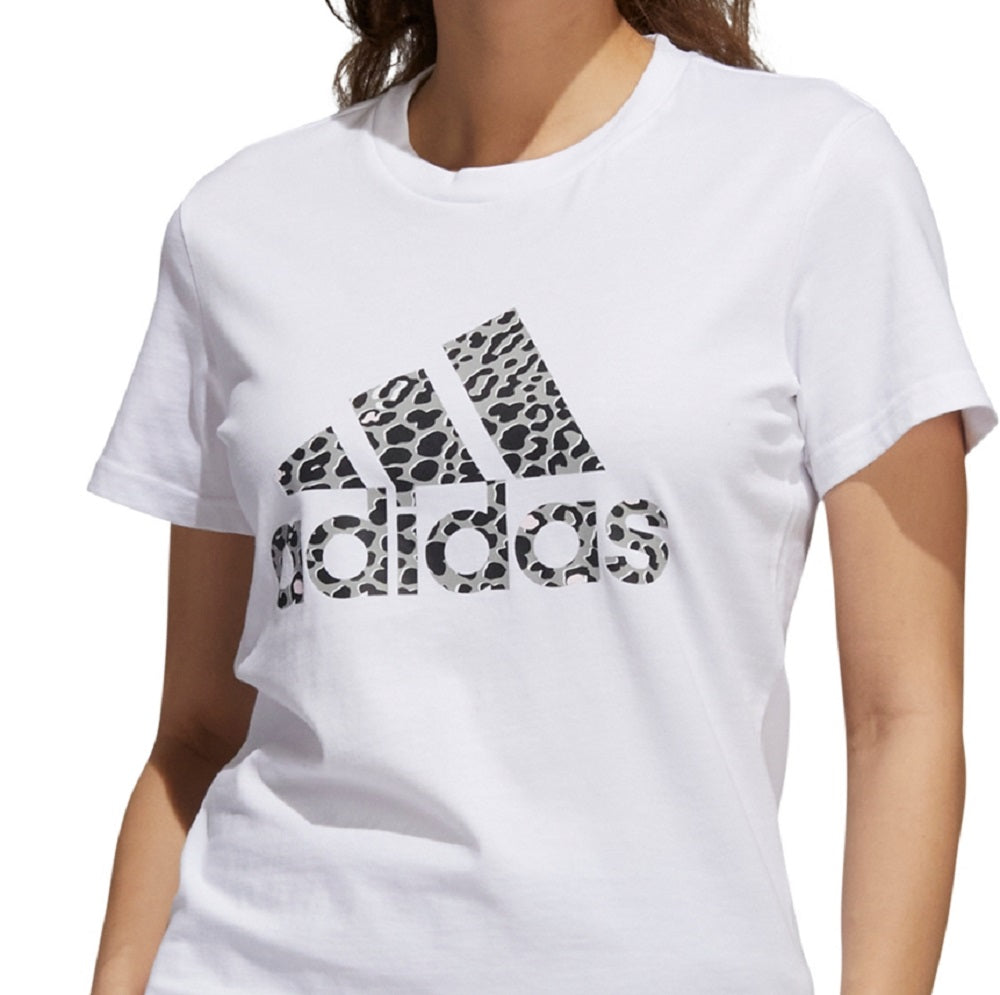 Camiseta feminina adidas de algodão com estampa animal e logotipo, branca, tamanho pequeno