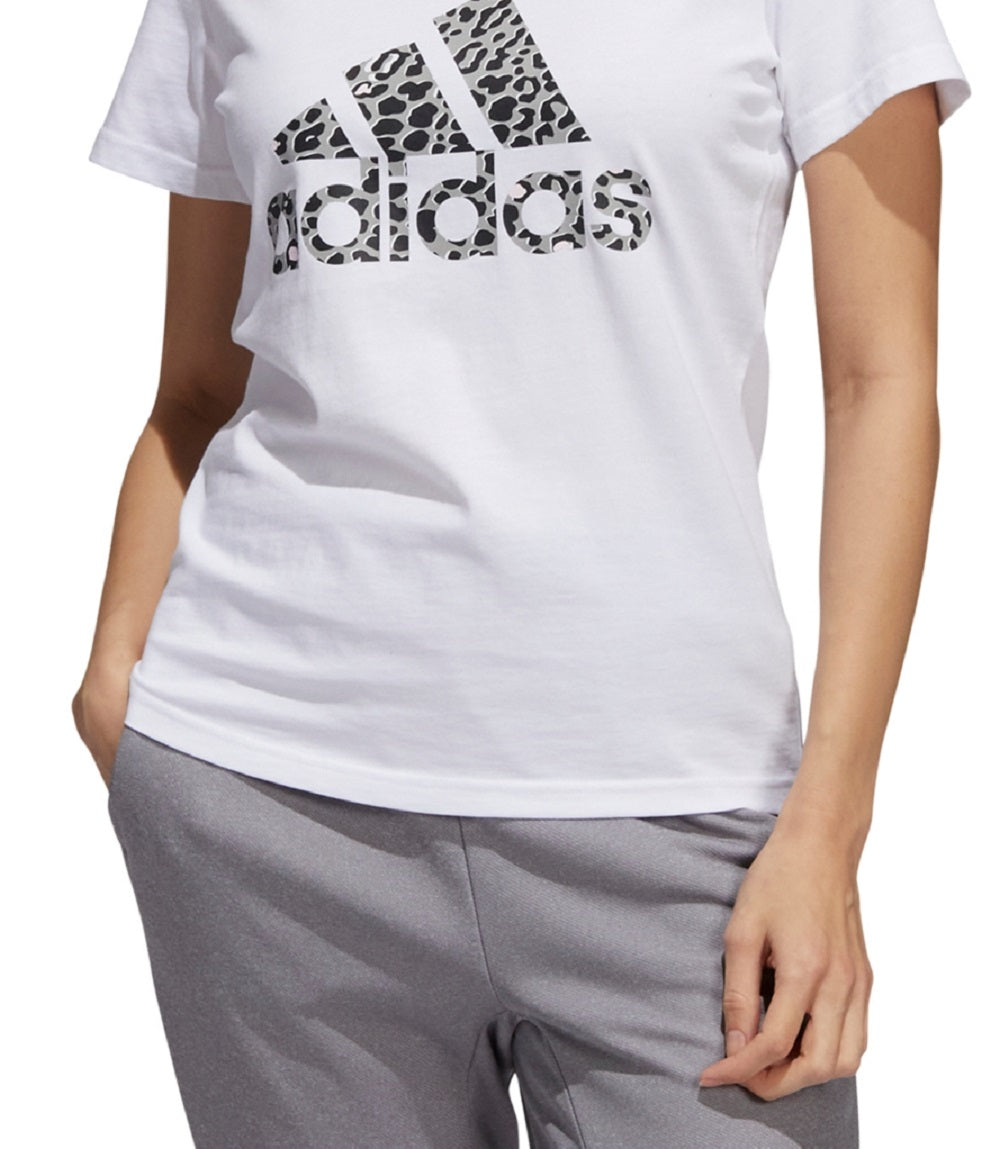Camiseta feminina adidas de algodão com estampa animal e logotipo, branca, tamanho pequeno