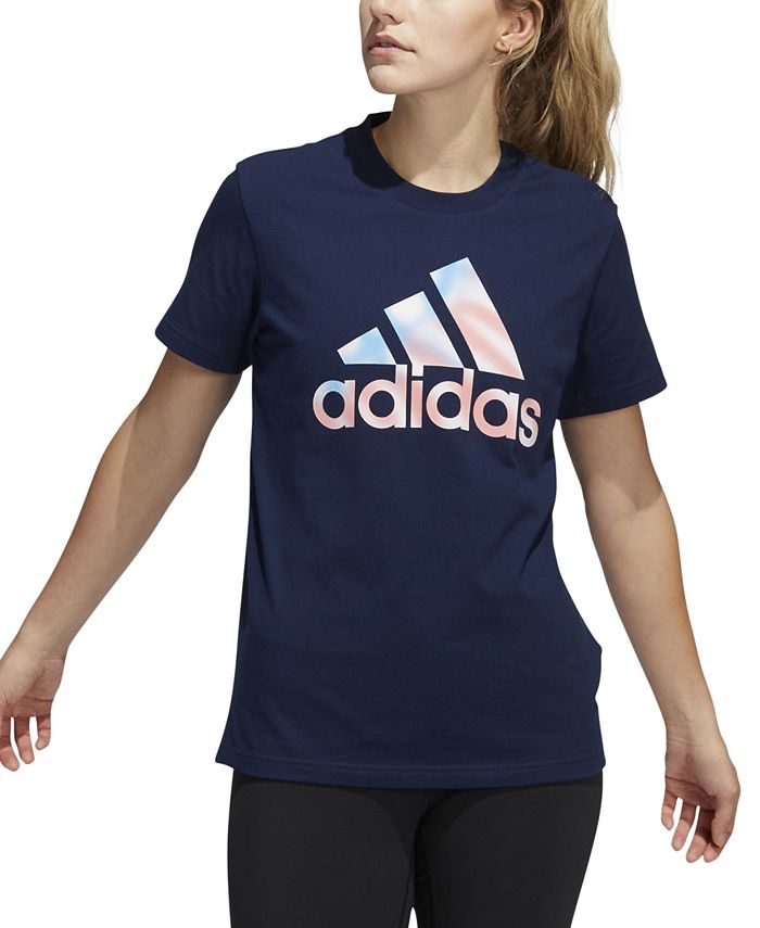 Camiseta Adidas Americana Logo Feminina Azul Tamanho Grande