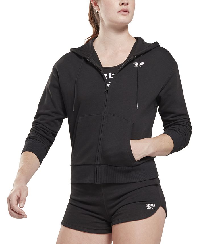 Reebok Moletom com capuz French Terry feminino com zíper frontal, preto, tamanho médio