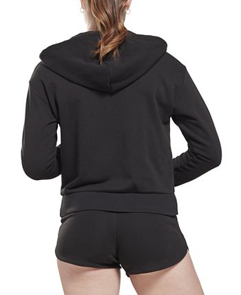 Reebok Moletom com capuz French Terry feminino com zíper frontal, preto, tamanho médio