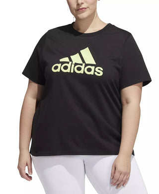 Camiseta Adidas Feminina Preta/Lima Algodão Logo Tamanho Plus 1X