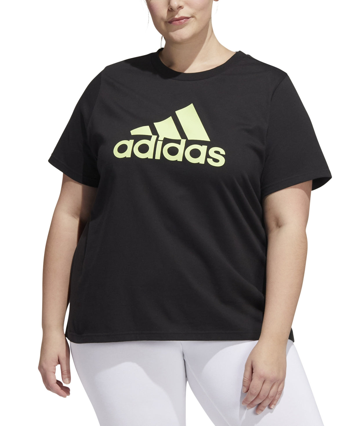 Camiseta Adidas Feminina Preta/Lima Algodão Logo Tamanho Plus 1X