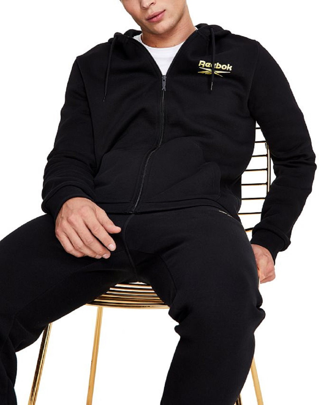 Reebok Moletom com capuz masculino Identity Fleece Logo Full Zip, preto, tamanho grande