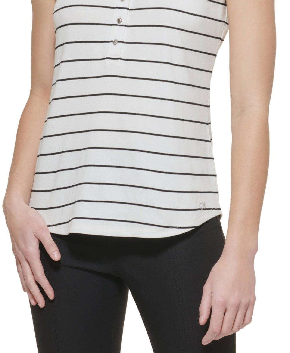 Calvin Klein Feminino Listrado Manga Curta Henley Branco Tamanho X-G