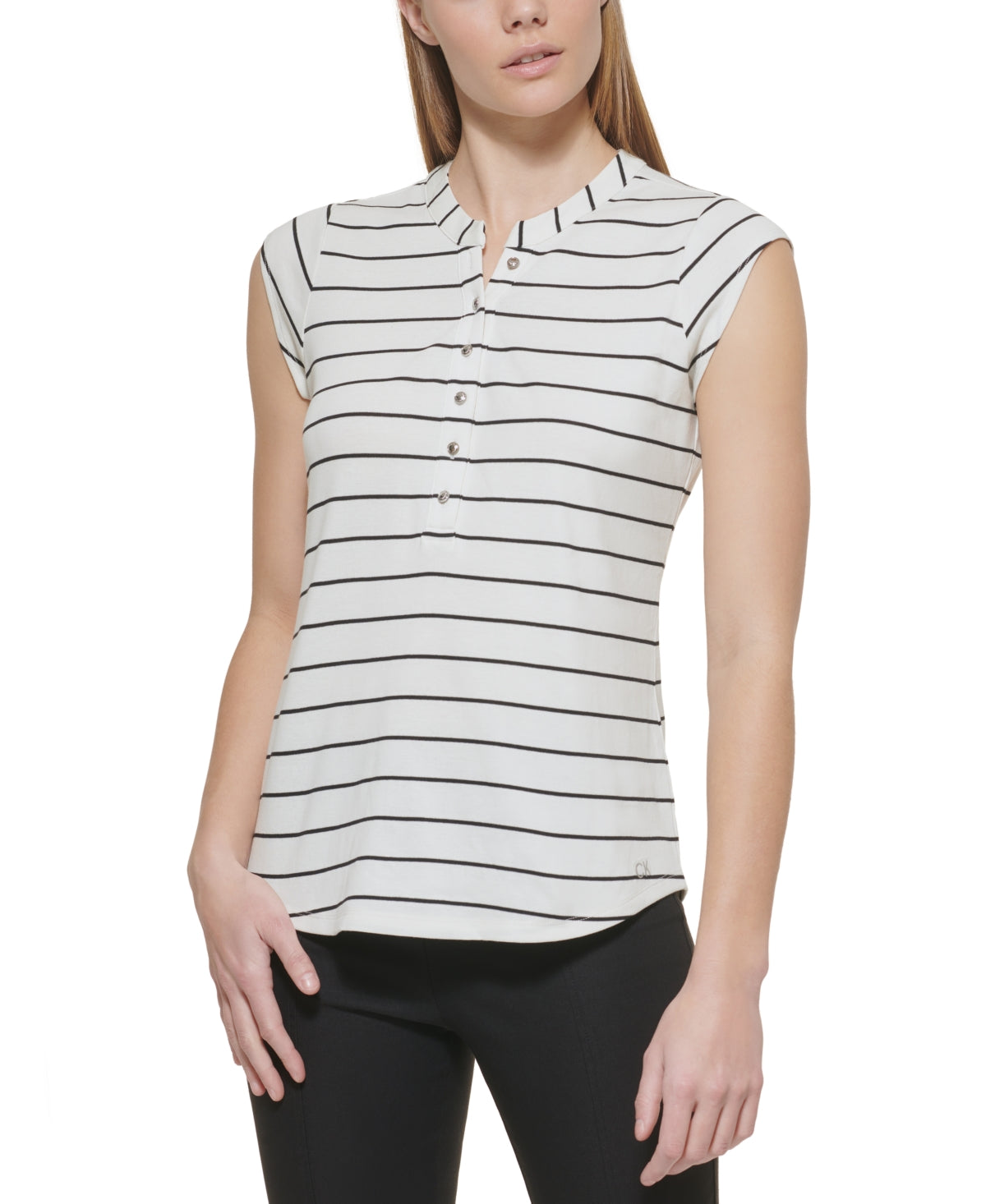 Calvin Klein Feminino Listrado Manga Curta Henley Branco Tamanho X-G