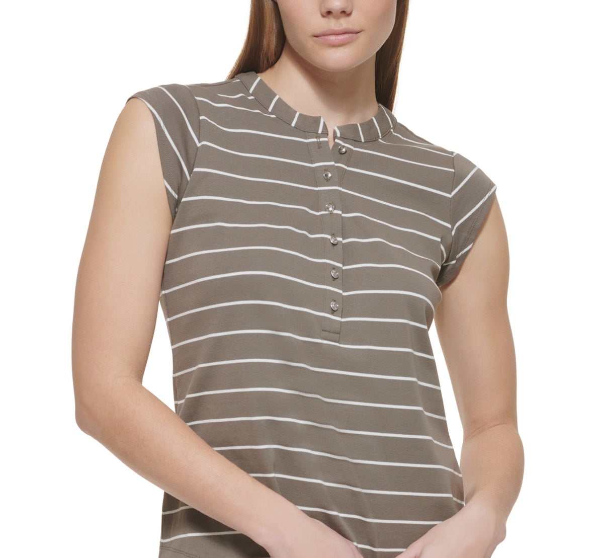 Calvin Klein Feminino Listrado Manga Curta Henley Verde Tamanho Grande