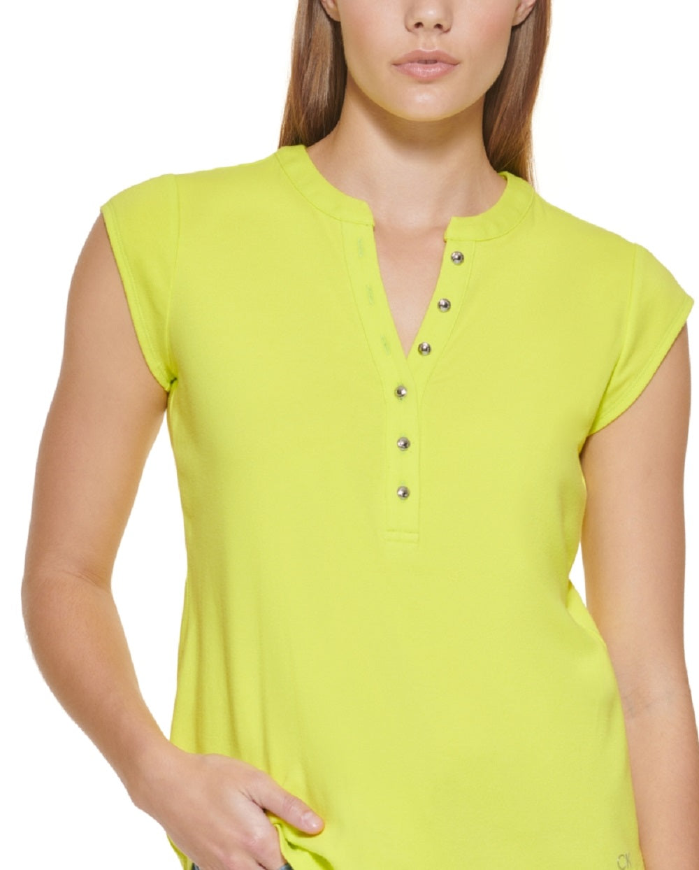 Calvin Klein Feminino Manga Curta Henley Verde Tamanho X-G