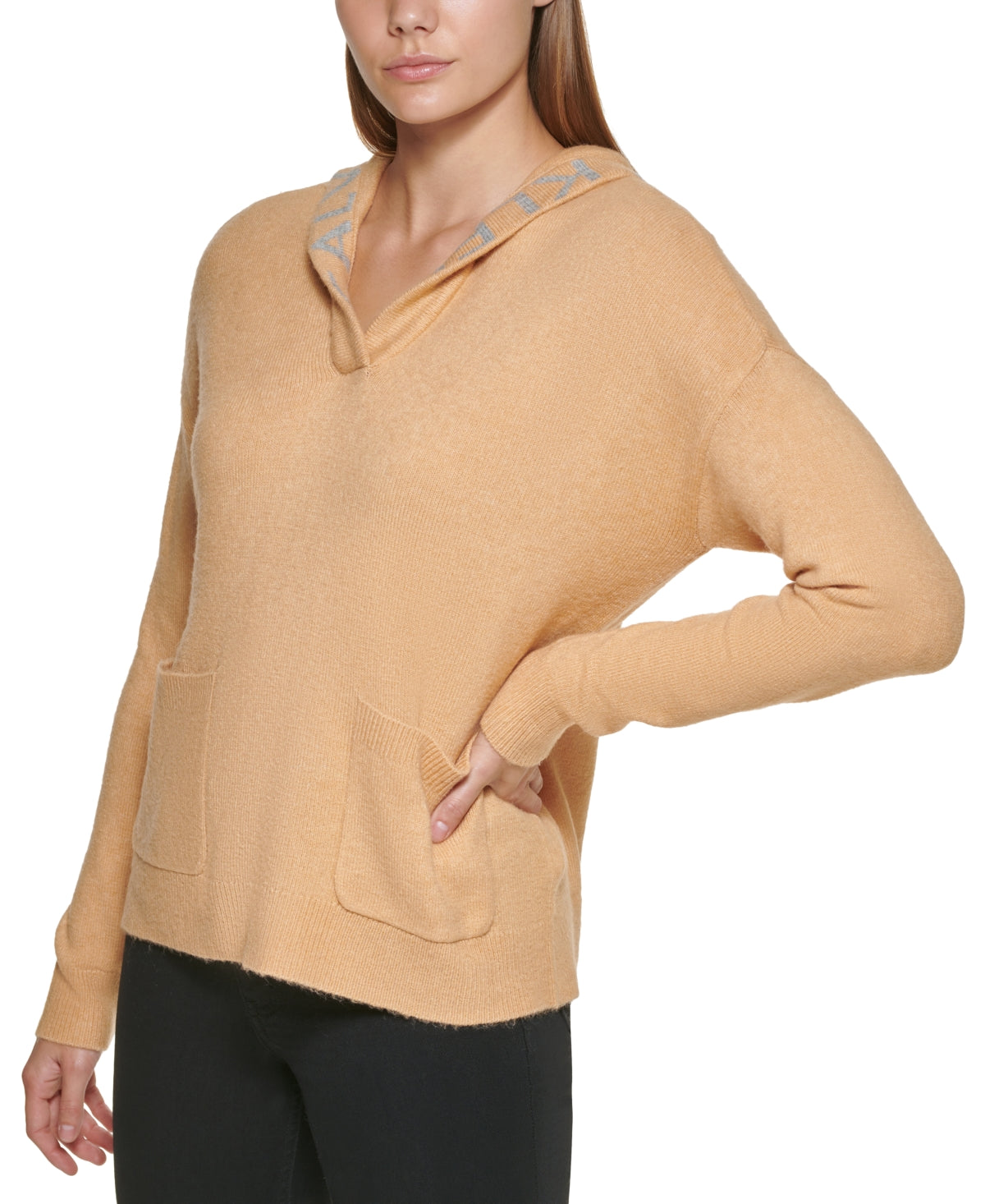 Calvin Klein Suéter Feminino de Malha com Bolsos, Estampa de Logotipo Elástico, Manga Longa, Gola V, Dourado, Tamanho X-G