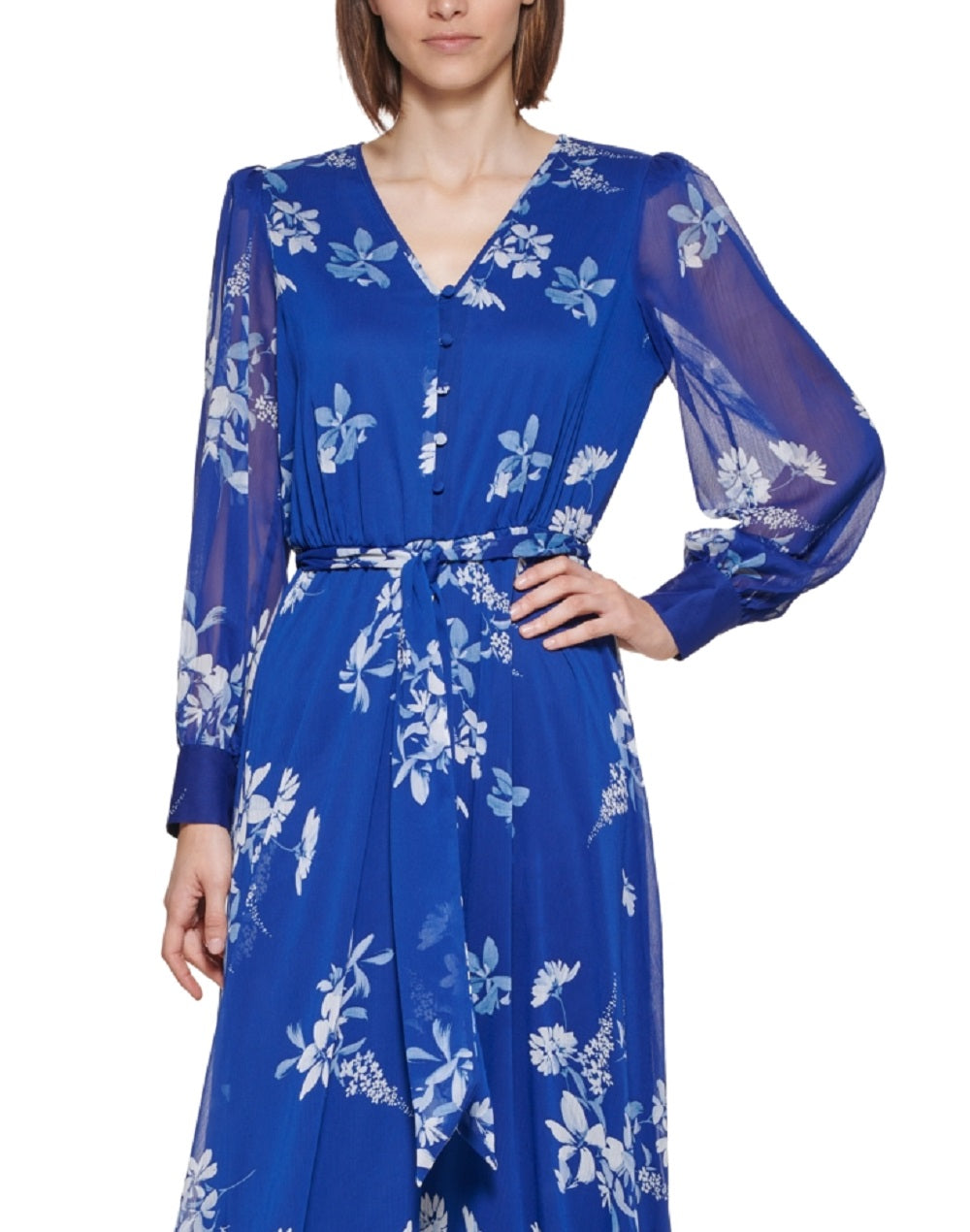 Vestido Calvin Klein Feminino Estampa Floral Chiffon Azul Tamanho 14