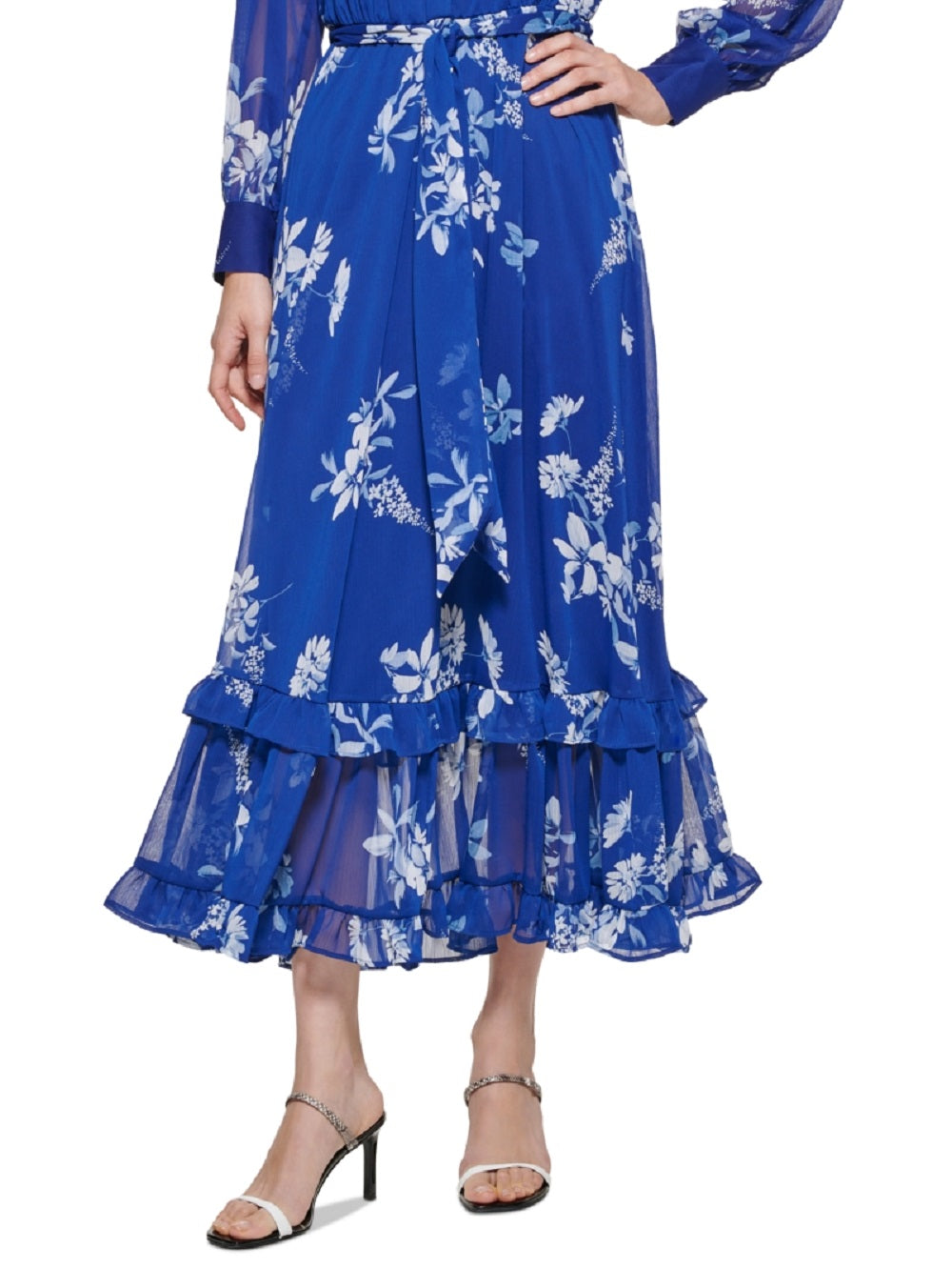 Vestido Calvin Klein Feminino Estampa Floral Chiffon Azul Tamanho 14