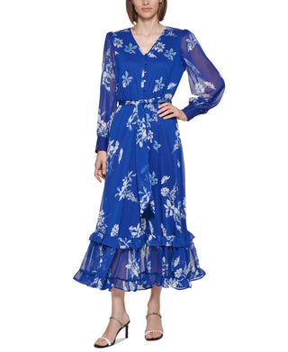 Calvin Klein Women's Floral Print Chiffon Dress Blue Size 14