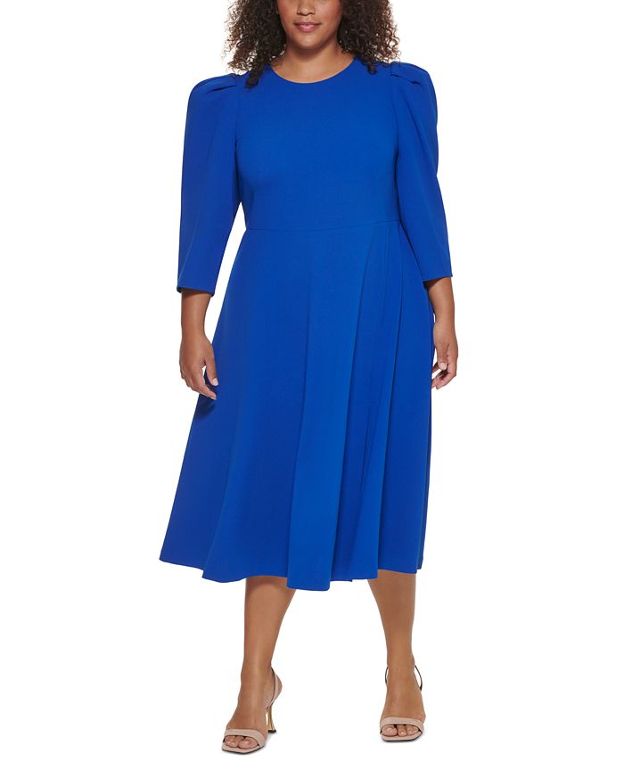 Vestido midi feminino Calvin Klein com manga bufante, azul, tamanho 14W