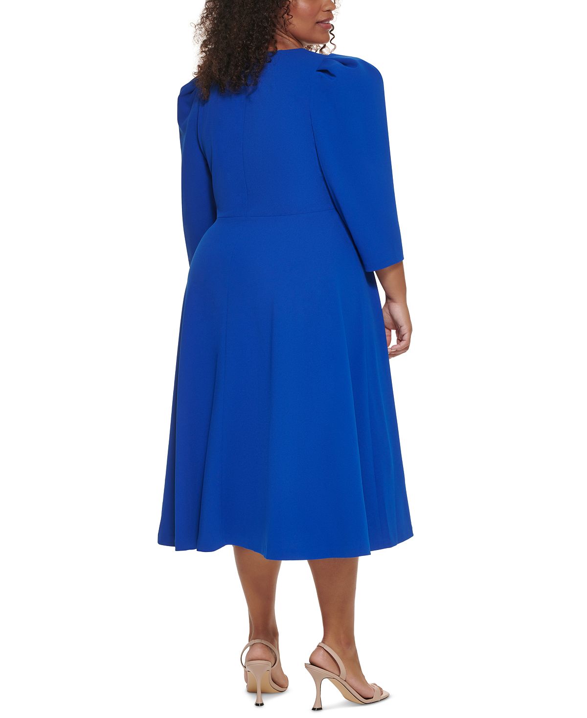 Vestido midi feminino Calvin Klein com manga bufante, azul, tamanho 14W