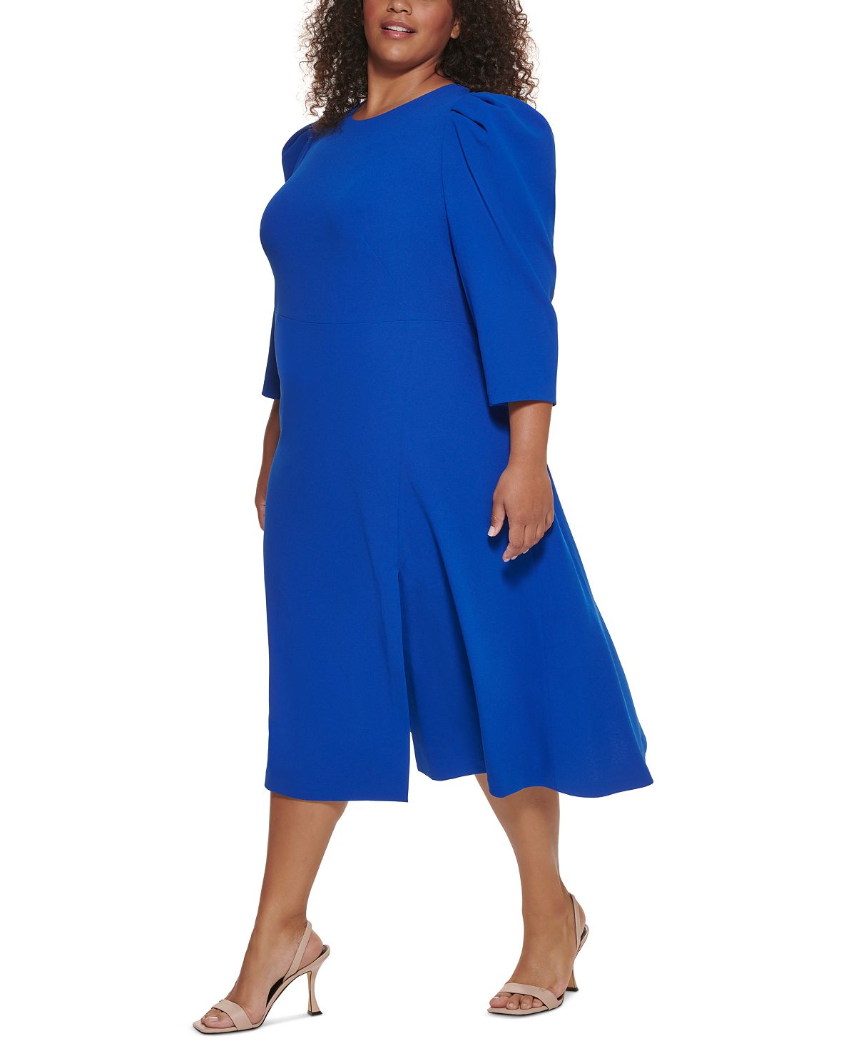 Vestido midi feminino Calvin Klein com manga bufante, azul, tamanho 14W