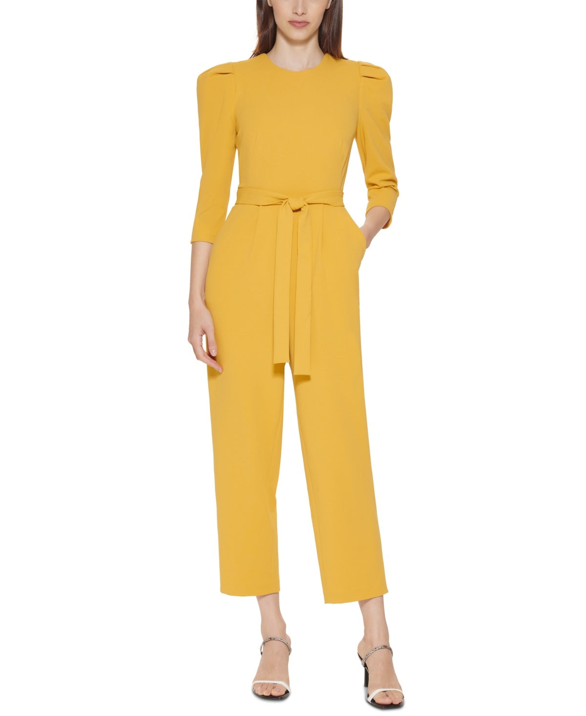 Macacão Calvin Klein Feminino com Cinto e Ombros Bufantes, Amarelo, Tamanho 8