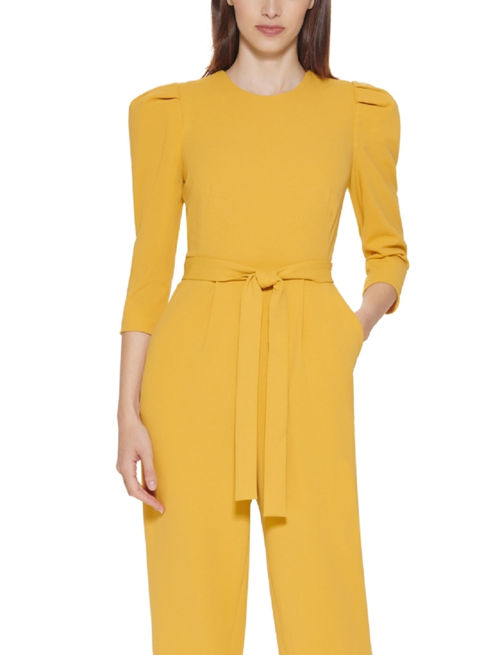 Macacão Calvin Klein Feminino com Cinto e Ombros Bufantes, Amarelo, Tamanho 8
