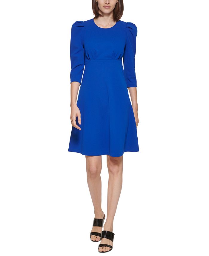 Vestido Calvin Klein Feminino com Ombros Bufantes e Corte A Azul Tamanho 4 Petite
