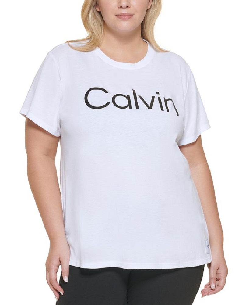 Camiseta feminina Calvin Klein com estampa de logotipo, branca, tamanho 1X