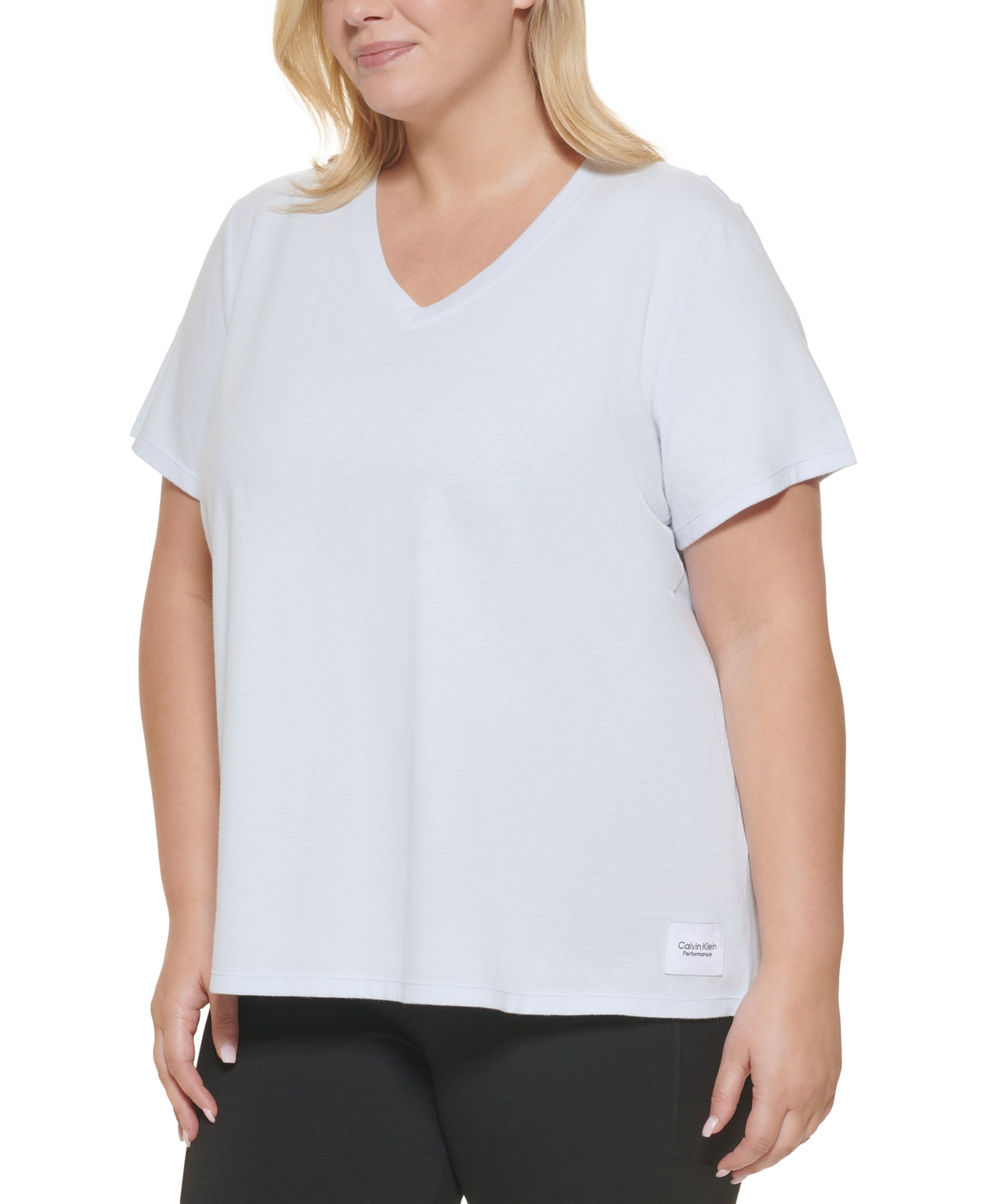 Camiseta Calvin Klein Feminina com Logo Patch e Gola V Azul Tamanho 1X