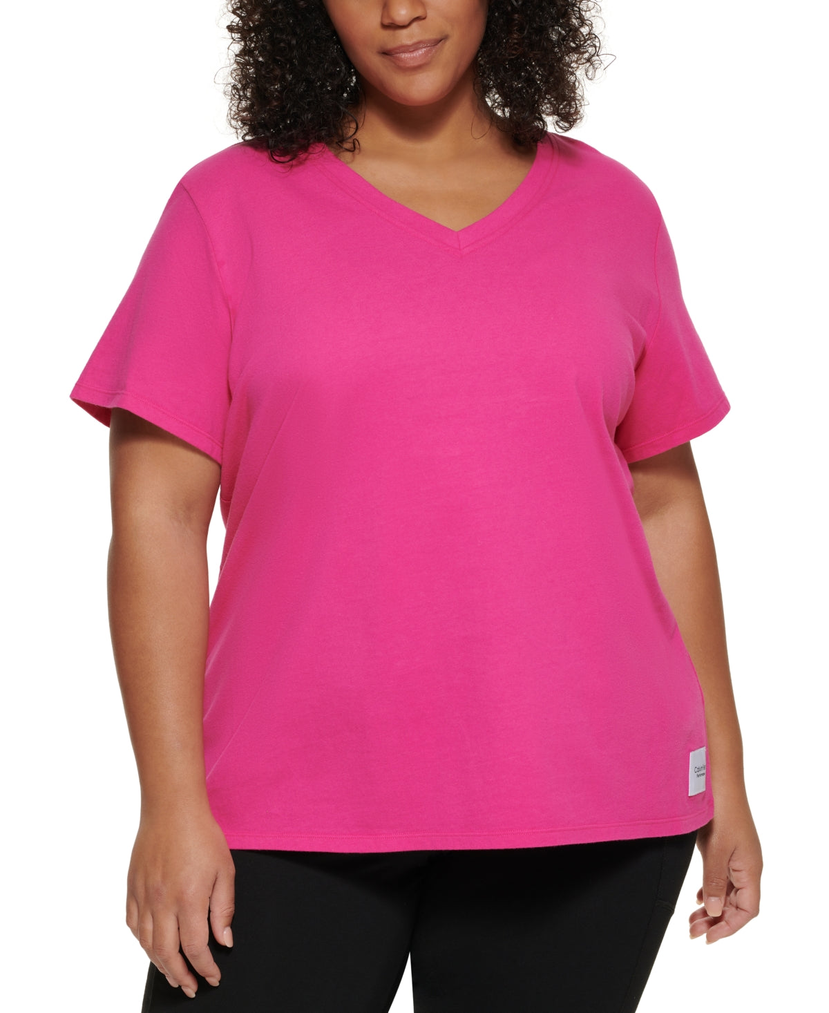 Camiseta Calvin Klein Feminina Performance Plus Logo Patch Gola V Rosa Tamanho 1X
