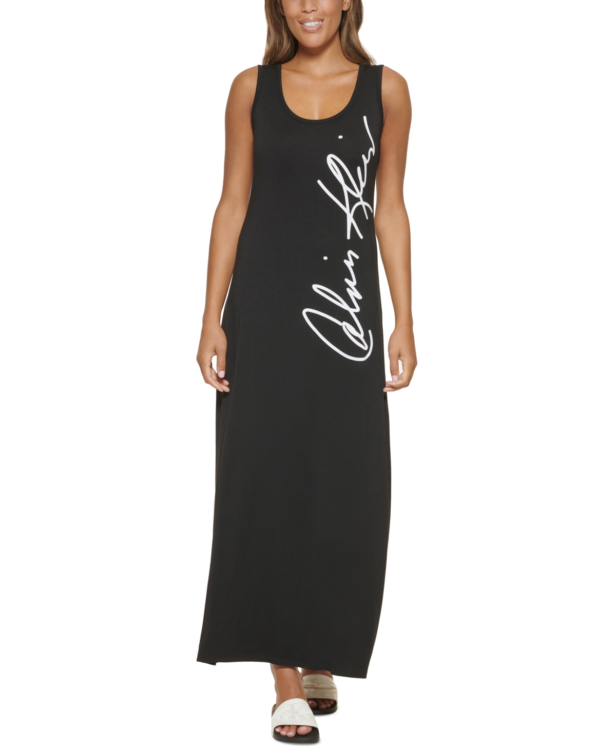 Vestido sem mangas Calvin Klein feminino com estampa de logotipo, preto, tamanho pequeno