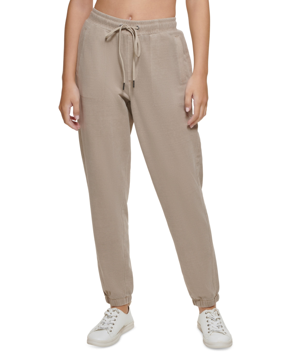 Calça jogger Calvin Klein feminina com tingimento de roupas e cintura franzida, marrom, tamanho médio